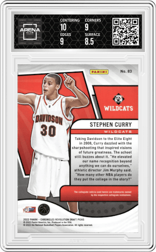 Stephen Curry from the 2022-23 Panini Chronicles Draft Picks set graded by Arena Club and given an overall grade of 9.