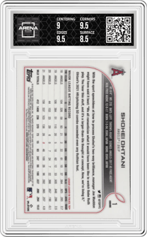 Shohei Ohtani from the 2022 Topps Chrome set graded by Arena Club and given an overall grade of 9.