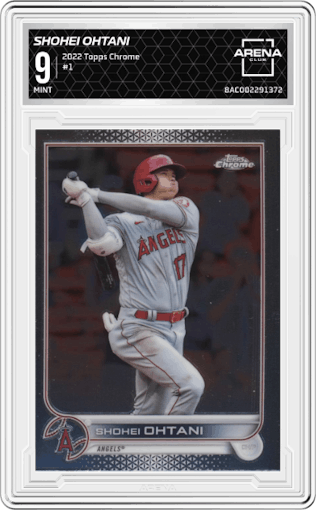Shohei Ohtani from the 2022 Topps Chrome set graded by Arena Club and given an overall grade of 9.