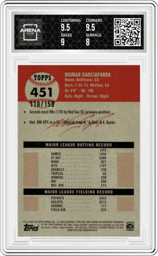 Nomar Garciaparra from the 2022 Topps Chrome Platinum Anniversary set featuring a Speckle Refractor parallel graded by Arena Club and given an overall grade of 8.5.