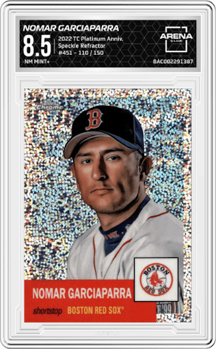Nomar Garciaparra from the 2022 Topps Chrome Platinum Anniversary set featuring a Speckle Refractor parallel graded by Arena Club and given an overall grade of 8.5.