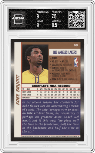 Kobe Bryant from the 1998-99 Topps set graded by Arena Club and given an overall grade of 8.