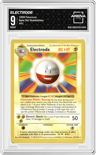 Electrode from the 1999 Pokemon set graded by Arena Club and given an overall grade of 9.