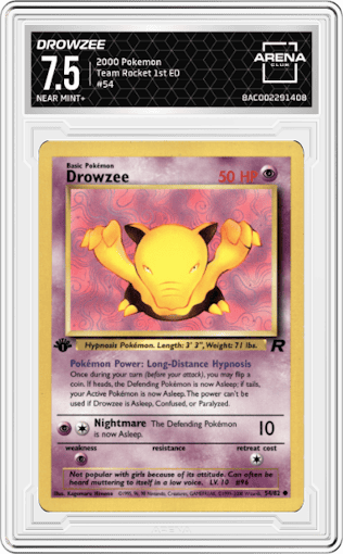 Drowzee from the 2000 Pokemon set graded by Arena Club and given an overall grade of 7.5.