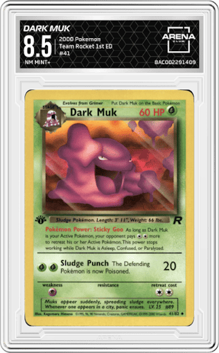 Dark Muk from the 2000 Pokemon set graded by Arena Club and given an overall grade of 8.5.