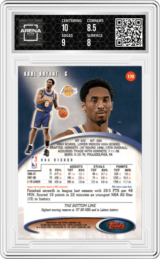 Kobe Bryant from the 1998-99 Topps Stadium Club set graded by Arena Club and given an overall grade of 8.5.