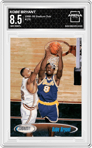 Kobe Bryant from the 1998-99 Topps Stadium Club set graded by Arena Club and given an overall grade of 8.5.