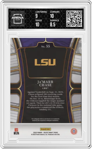Ja'Marr Chase from the 2023 Panini Select Draft Picks set featuring a Blue Retail parallel graded by Arena Club and given an overall grade of 9.