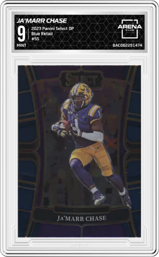 Ja'Marr Chase from the 2023 Panini Select Draft Picks set featuring a Blue Retail parallel graded by Arena Club and given an overall grade of 9.