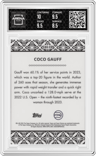 Coco Gauff from the 2024 Topps Chrome set graded by Arena Club and given an overall grade of 9.