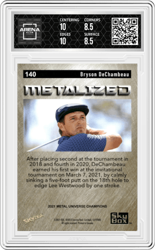 Bryson DeChambeau from the 2021 Skybox Metal Universe Champions set graded by Arena Club and given an overall grade of 9.