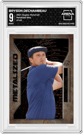Bryson DeChambeau from the 2021 Skybox Metal Universe Champions set graded by Arena Club and given an overall grade of 9.