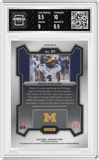 Nico Collins from the 2024 Panini Prizm Draft Picks set featuring a Green parallel graded by Arena Club and given an overall grade of 7.