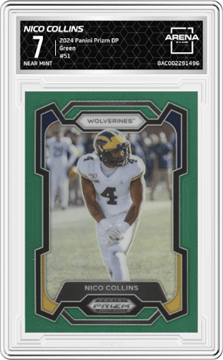 Nico Collins from the 2024 Panini Prizm Draft Picks set featuring a Green parallel graded by Arena Club and given an overall grade of 7.