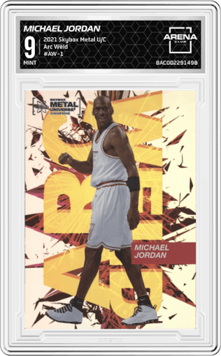 Michael Jordan from the 2021 Skybox Metal Universe Champions set graded by Arena Club and given an overall grade of 9.