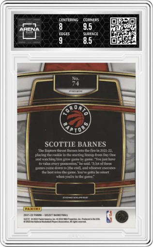 Scottie Barnes from the 2021-22 Panini Select set featuring a Silver Prizm parallel graded by Arena Club and given an overall grade of 8.5.