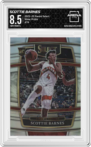 Scottie Barnes from the 2021-22 Panini Select set featuring a Silver Prizm parallel graded by Arena Club and given an overall grade of 8.5.