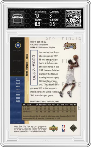 Allen Iverson from the 1998-99 SPx Finite set featuring a Radiance parallel graded by Arena Club and given an overall grade of 8.5.
