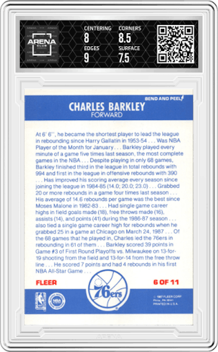 Charles Barkley from the 1987-88 Fleer set graded by Arena Club and given an overall grade of 8.