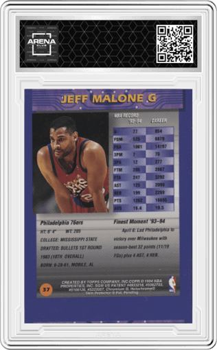 Jeff Malone from the 1994-95 Topps Finest  set graded by Arena Club.