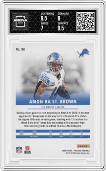 Amon-Ra St. Brown from the 2024 Panini Prestige  set featuring a Red Premium Xtra Points parallel graded by Arena Club and given an overall grade of 7.5.
