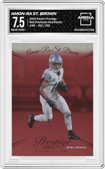 Amon-Ra St. Brown from the 2024 Panini Prestige  set featuring a Red Premium Xtra Points parallel graded by Arena Club and given an overall grade of 7.5.