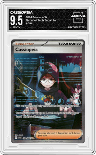 Cassiopeia from the 2024 Pokemon SV set graded by Arena Club and given an overall grade of 9.5.
