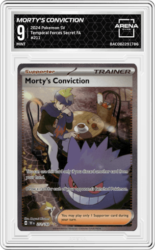 Morty's Conviction from the 2024 Pokemon SV set graded by Arena Club and given an overall grade of 9.