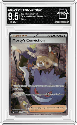 Morty's Conviction from the 2024 Pokemon SV set graded by Arena Club and given an overall grade of 9.5.