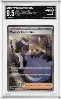 Morty's Conviction from the 2024 Pokemon SV set graded by Arena Club and given an overall grade of 9.5.