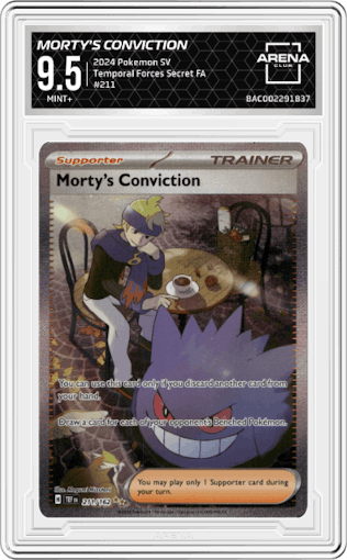 Morty's Conviction from the 2024 Pokemon SV set graded by Arena Club and given an overall grade of 9.5.