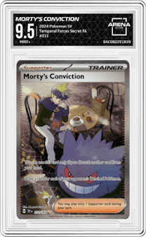 Morty's Conviction from the 2024 Pokemon SV set graded by Arena Club and given an overall grade of 9.5.