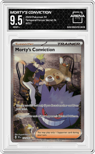 Morty's Conviction from the 2024 Pokemon SV set graded by Arena Club and given an overall grade of 9.5.