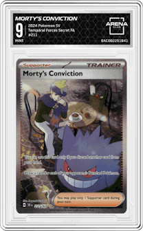 Morty's Conviction from the 2024 Pokemon SV set graded by Arena Club and given an overall grade of 9.
