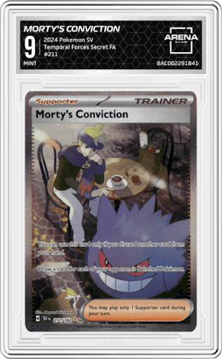Morty's Conviction from the 2024 Pokemon SV set graded by Arena Club and given an overall grade of 9.