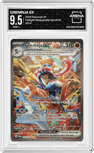 Greninja ex from the 2024 Pokemon SV set graded by Arena Club and given an overall grade of 9.5.