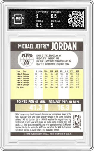 Michael Jordan from the 1990-91 Fleer set graded by Arena Club and given an overall grade of 9.