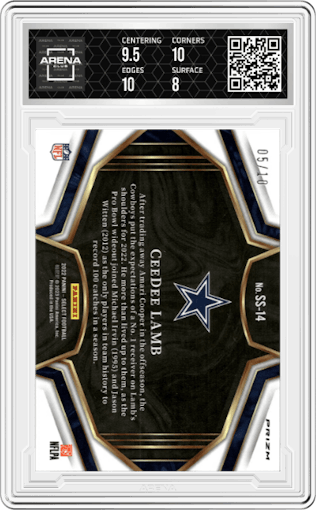 CeeDee Lamb  from the 2022 Panini Select set featuring a Gold Prizm parallel graded by Arena Club and given an overall grade of 8.5.