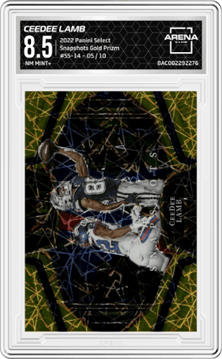 CeeDee Lamb  from the 2022 Panini Select set featuring a Gold Prizm parallel graded by Arena Club and given an overall grade of 8.5.