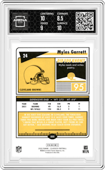 Myles Garrett from the 2022 Panini Classics set featuring a Timeless Tributes Orange parallel graded by Arena Club and given an overall grade of 9.