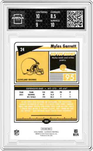 Myles Garrett from the 2022 Panini Classics set featuring a Timeless Tributes Orange parallel graded by Arena Club and given an overall grade of 9.
