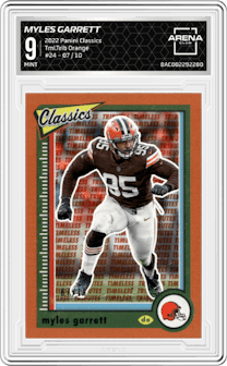 Myles Garrett from the 2022 Panini Classics set featuring a Timeless Tributes Orange parallel graded by Arena Club and given an overall grade of 9.