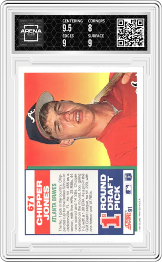 Chipper Jones from the 1991 Score set graded by Arena Club and given an overall grade of 8.5.