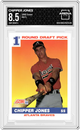 Chipper Jones from the 1991 Score set graded by Arena Club and given an overall grade of 8.5.