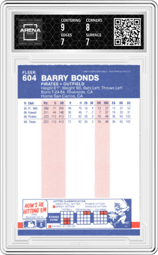 Barry Bonds from the 1987 Fleer set graded by Arena Club and given an overall grade of 7.5.