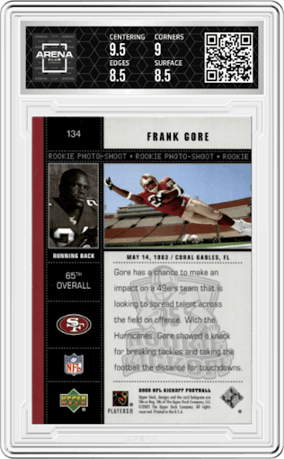 Frank Gore from the 2005 Upper Deck Kickoff set graded by Arena Club and given an overall grade of 9.