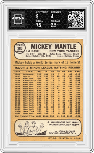 Mickey Mantle  from the 1968 Topps set graded by Arena Club and given an overall grade of 3.