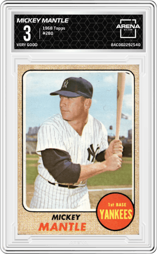 Mickey Mantle  from the 1968 Topps set graded by Arena Club and given an overall grade of 3.