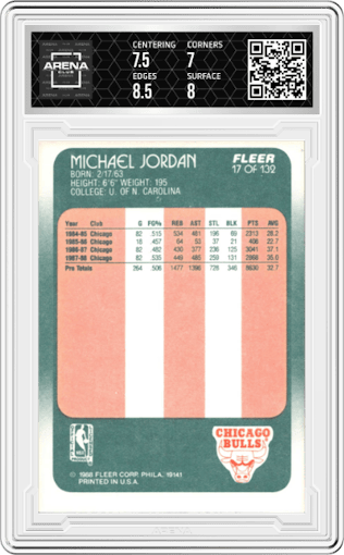 Michael Jordan from the 1988-89 Fleer set graded by Arena Club and given an overall grade of 7.5.