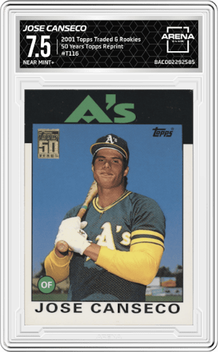 Jose Canseco from the 2001 Topps Traded & Rookies set graded by Arena Club and given an overall grade of 7.5.